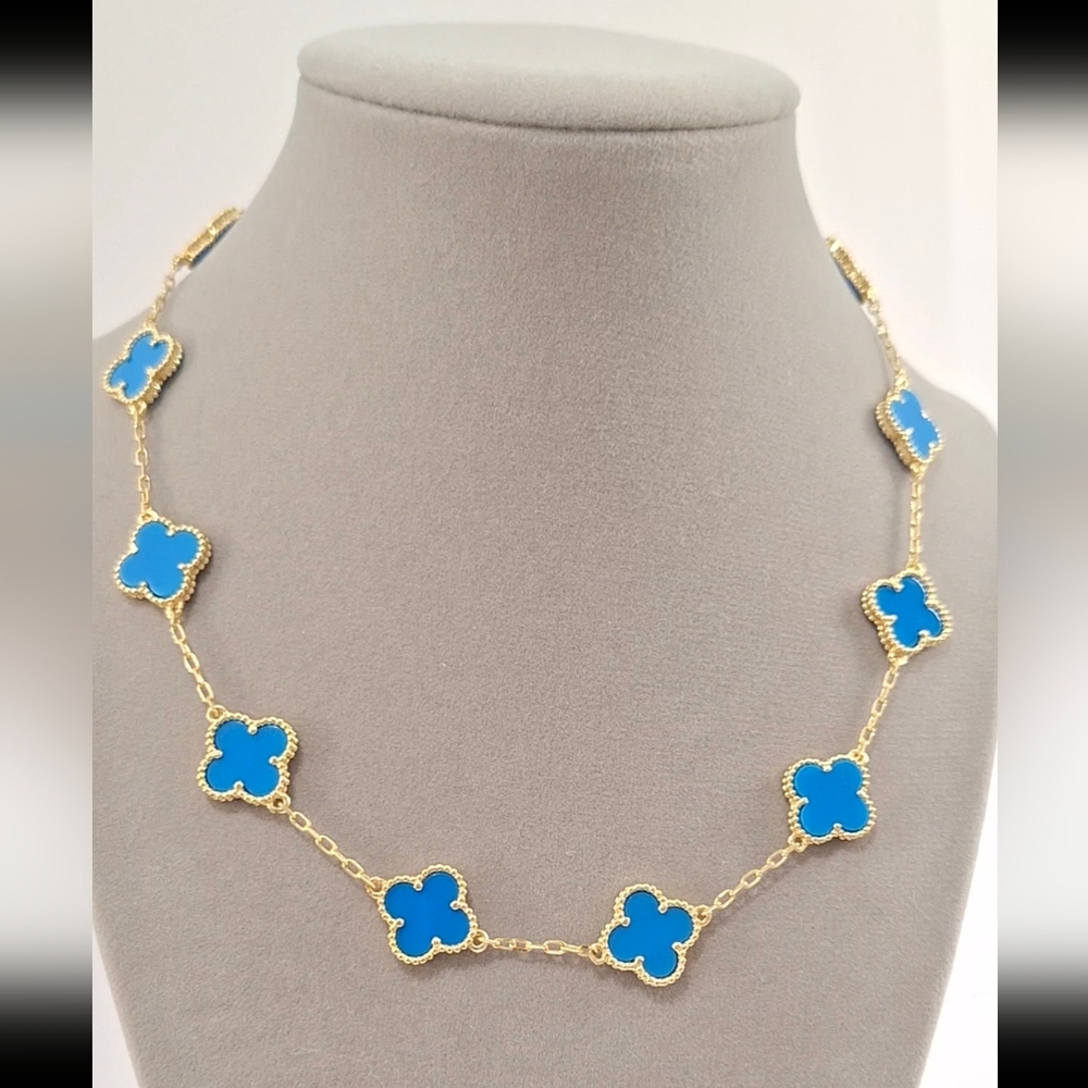 Gold filled Sky Blue Enamel double sided four leafs Clovers Necklace